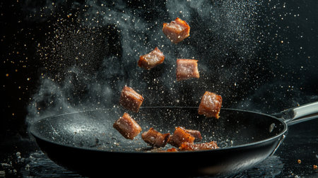 A dynamic shot of meat sizzling in a frying pan, capturing the moment of cooking with splashes and smoke. This image evokes the art of culinary preparation and flavor.の素材