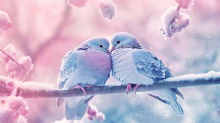 Two beautiful birds embrace in a tranquil winter scene. Surrounded by soft snow and pastel colors, this image captures a moment of love and serenity in nature.の素材