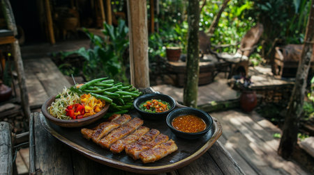 A beautifully arranged plate featuring grilled meat and fresh vegetables, set against a serene outdoor backdrop, emphasizing healthy and vibrant cuisine.の素材