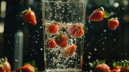 A dynamic scene capturing strawberries splashing into sparkling water, showcasing freshness and vitality. Ideal for summer-themed campaigns and food photography.の素材