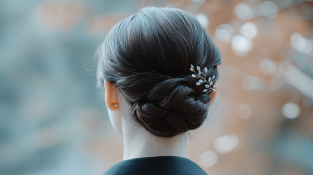 A beautiful portrait capturing an elegant hairstyle with subtle accessories. The soft focus and warm tones evoke a serene, refined ambiance, perfect for inspiration.の素材