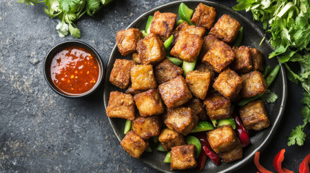 A visually appealing plate of crispy fried cubes served with a spicy sauce and fresh herbs. Perfect for showcasing delicious cuisine in any food-related project.の素材