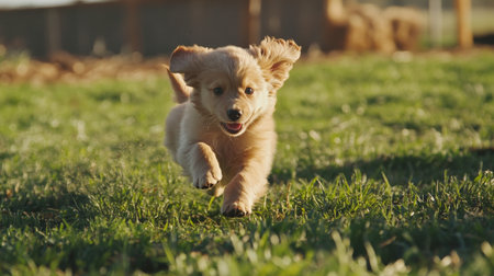 A joyful puppy with golden fur running energetically through a vibrant green grass field. The playful scene captures the innocence and charm of a young dog enjoying its surroundings.の素材