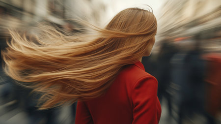 A woman in a red coat showcases her flowing hair in a vibrant city, encapsulating a moment of beauty and movement against an urban backdrop.の素材