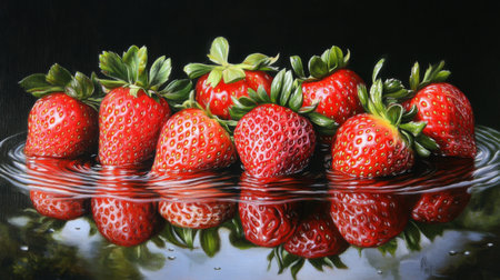 A stunning arrangement of fresh strawberries resting on a water surface, showcasing their vibrant red color and glossy reflections, perfect for food photography.の素材
