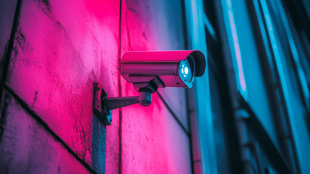 A colorful surveillance camera mounted on a wall in an urban environment, glowing with neon light. Ideal for themes of security and technology.の素材
