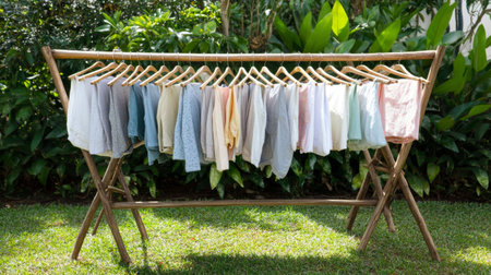 A collection of freshly laundered shirts displayed on a wooden rack in an outdoor setting. The vibrant colors and lush greenery create a refreshing atmosphere.の素材