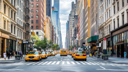 A vibrant urban scene showcasing yellow taxis on a busy New York City street. The dynamic atmosphere captures the essence of city life and movement.の素材