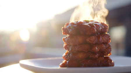 A steaming stack of mouthwatering sticky chicken patties on a plate, showcasing vibrant colors and delicious texture, perfect for any food lover.の素材