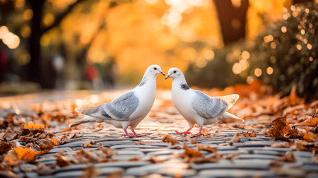 Two doves share a tender moment in a park surrounded by autumn leaves, creating a serene and romantic atmosphere in nature's beautiful setting.の素材