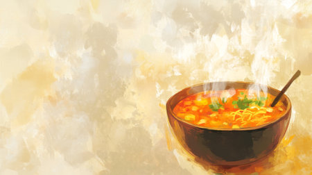 A steaming bowl of vibrant soup with fresh herbs, perfect for a comforting meal. Ideal for culinary and food-related themes, showcasing warmth and nutrition.の素材