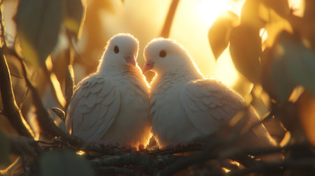 Two white doves sit closely together on a branch, illuminated by soft golden sunlight, creating a serene and romantic atmosphere in nature.の素材