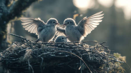 Three fluffy baby birds nestled together in a rustic nest, surrounded by soft foliage. A serene moment of nature highlighting youthful innocence and familial bonds.の素材