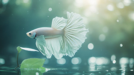 A stunning image of an elegant betta fish gracefully swimming in clear water, surrounded by soft foliage, capturing the serene beauty of aquatic life.の素材