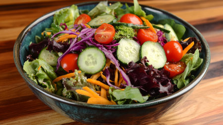A vibrant and fresh garden salad featuring a colorful mix of vegetables served in a rustic bowl. Perfect for healthy meals, lunch, or dinner.の素材
