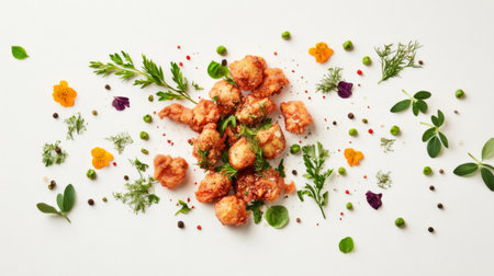 An artistic arrangement of a freshly prepared appetizer garnished with vibrant herbs and spices, showcasing culinary creativity and freshness.の素材