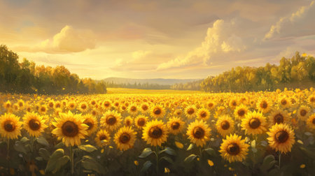 A breathtaking view of a vibrant sunflower field bathed in golden sunlight, showcasing the beauty of nature and the tranquility of rural landscapes.の素材