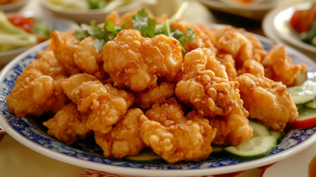 A vibrant plate of crispy fried chicken garnished with fresh herbs and cucumber slices, ideal for showcasing delicious Asian cuisine in food photography.の素材