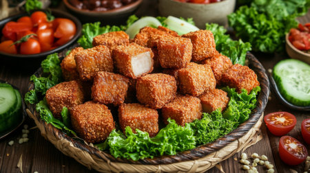 A vibrant platter featuring crispy snacks arranged on a bed of fresh lettuce, complemented by an array of colorful vegetables and dips perfect for gatherings.の素材