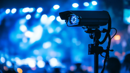 A close-up view of a security camera against a backdrop of blue lights in an urban setting. The image highlights modern surveillance technology.の素材