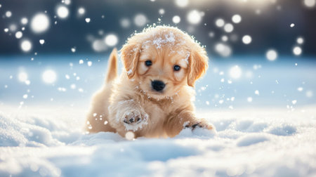An adorable golden puppy enjoys playful moments in a snowy setting, with soft snowflakes falling around. This heartwarming image captures the joy of winter and pets.の素材