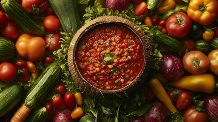 A vibrant arrangement of fresh vegetables surrounding a bowl of sauce. Perfect for healthy cooking and meal prep, showcasing colorful ingredients.の素材