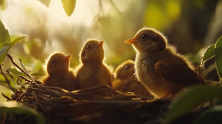 Four adorable chicks nestled in a cozy nest, bathed in gentle morning light. This image captures the beauty of wildlife and nature's tranquility.の素材