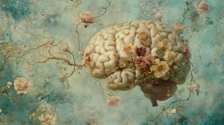 A surreal artwork featuring a brain adorned with delicate flowers, set against a soft textured background. This piece captures the essence of creativity and beauty in a dreamlike manner.の素材