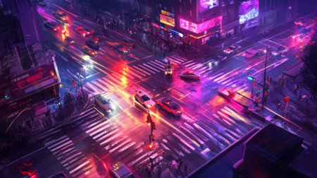 A stunning aerial view of a vibrant city intersection at night, showcasing colorful neon lights, busy traffic, and a dynamic urban atmosphere.の素材