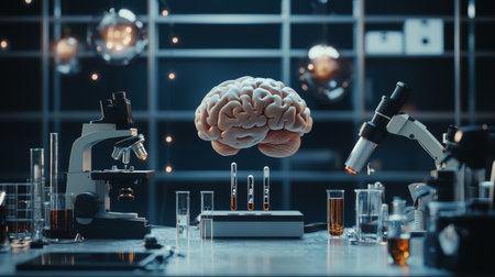 A modern laboratory scene featuring a floating brain model, microscopes, and laboratory glassware. This blend of science and technology symbolizes innovative research in neuroscience.の素材