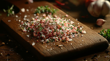 Close-up view of a rustic wooden cutting board sprinkled with colorful salts and herbs. Perfect for culinary enthusiasts and food styling inspiration.の素材