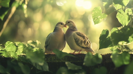 A tender moment captured between two birds nestled in lush greenery, symbolizing love and connection in the serene beauty of nature. Perfect for showcasing wildlife and romance.の素材