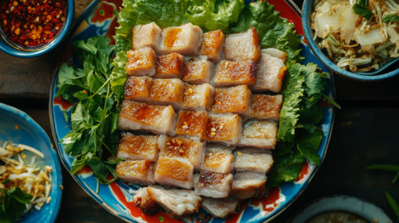 Savor the delicious presentation of crispy pork belly served on a bed of fresh greens, complemented by vibrant herbs and flavorful spices.の素材