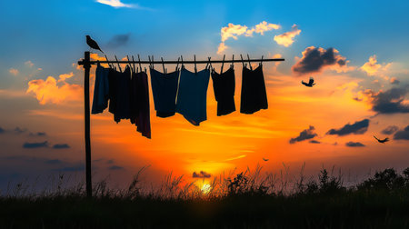 A serene sunset scene featuring a silhouette of a clothesline with hanging clothes, complemented by birds in flight against a colorful sky.の素材