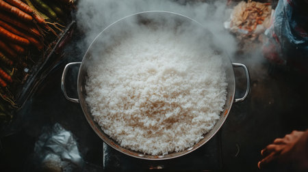 A top view of steaming white rice in a large pot, capturing the essence of traditional cooking. This image showcases the preparation of a simple, yet delicious meal.の素材