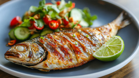 This image features a beautifully grilled fish served on a plate with fresh salad and a slice of lime, showcasing a vibrant and appetizing culinary presentation.の素材