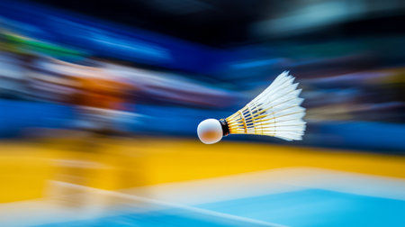 A vibrant action shot of a shuttlecock soaring through the air during a badminton game, capturing the speed and energy of the sport in full motion.の素材