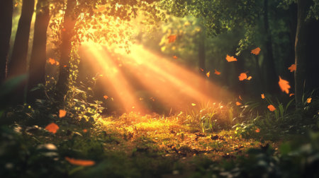 A beautiful sunrise illuminates a newly planted landscape, casting soft rays through the trees and enhancing the serene atmosphere of the forest.の素材