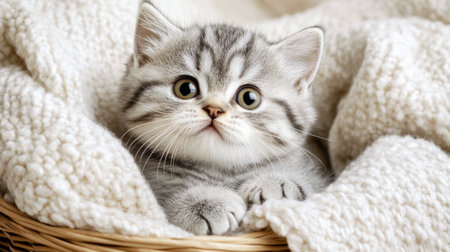 An adorable chubby kitten nestled in a cozy basket filled with soft blankets, showcasing its cute expression and fluffy fur. Perfect for pet lovers!の素材