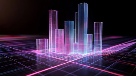 This striking 3D bar graph features transparent bars on a digital grid background, perfect for visualizing data in a modern and innovative style.の素材