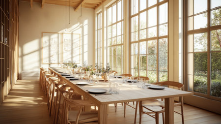 Experience a bright and spacious Nordic dining area featuring a long wooden table set for an elegant meal, flooded with natural light and inviting decor.の素材