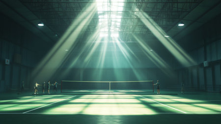 A vibrant indoor badminton court illuminated by bright lights, showcasing players engaged in the dynamic sport, highlighting movement and skill in play.の素材