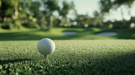 A close-up image of a golf ball resting on a tee, surrounded by lush green grass, capturing the essence of the game in a serene outdoor setting.の素材