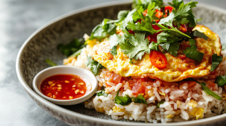 This beautifully plated fried rice dish features fried egg and fresh toppings, creating a vibrant and tempting culinary experience perfect for any meal.の素材