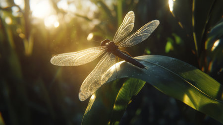 A beautiful dragonfly perched on a leaf, illuminated by warm sunlight. The delicate details of its wings and serene setting create a tranquil moment in nature.の素材