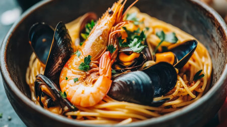 This close-up image showcases a delicious seafood spaghetti dish featuring shrimp and mussels, garnished with fresh herbs. Perfect for food lovers!の素材