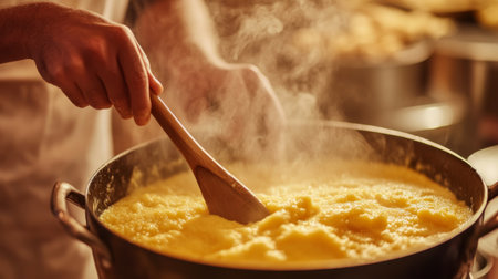 A talented chef skillfully stirs a pot of creamy polenta, creating a mouthwatering dish. Steam rises, highlighting the rich texture and inviting aroma of this comforting meal.の素材