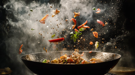 A dynamic scene of a chef expertly tossing fresh ingredients in a hot pan, capturing the vibrant colors and energy of culinary artistry in action.の素材