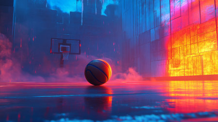Discover a captivating scene of a basketball rolling in a vibrant, dynamic atmosphere. The colorful lighting enhances the feeling of energy and excitement in this artistic shot.の素材
