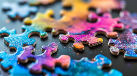 Explore a vibrant close-up of colorful jigsaw puzzle pieces showcasing intricate details and textures. Perfect for creative and playful themes.の素材